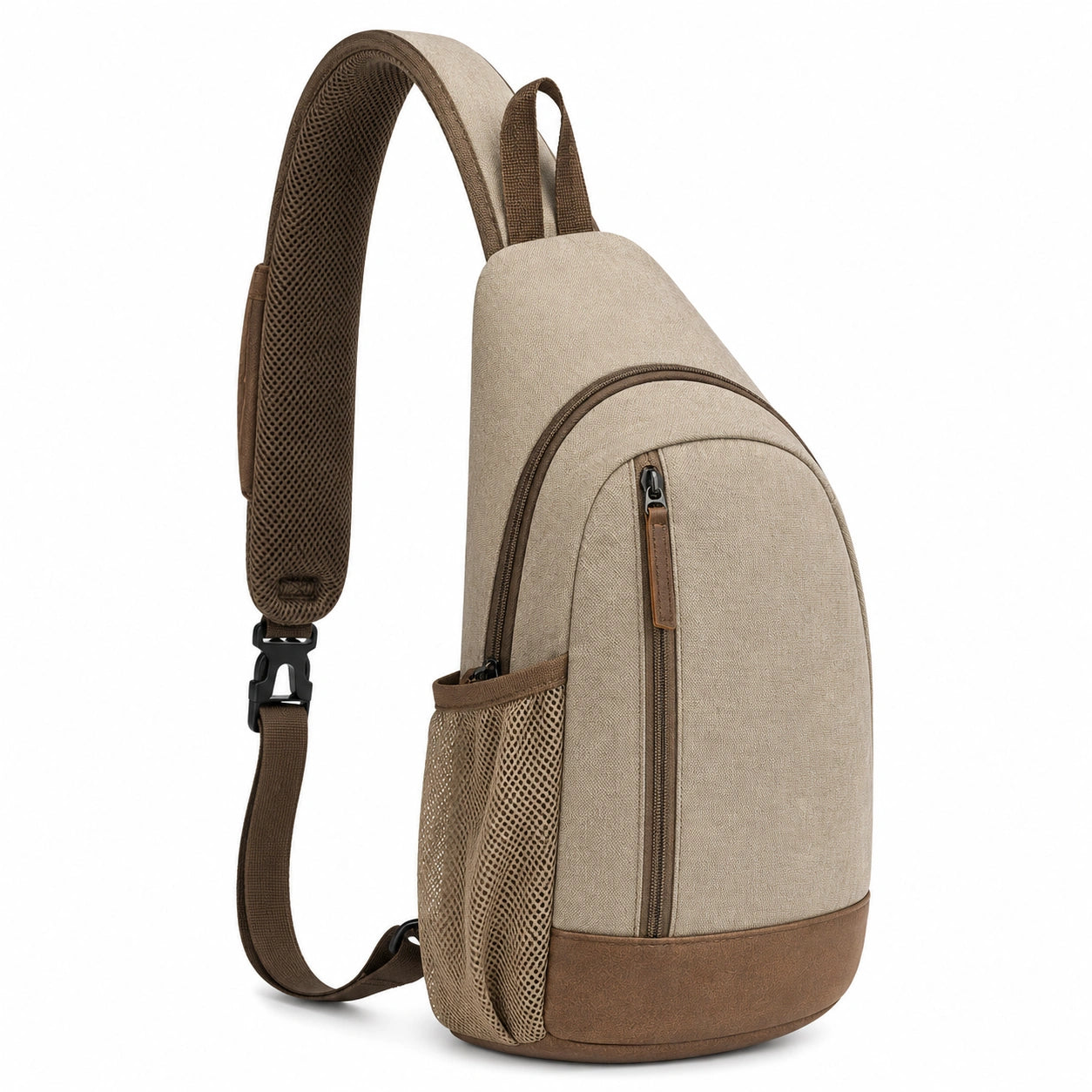 Mochila Bandolera Beige para Adultos con Bolsillo de Malla