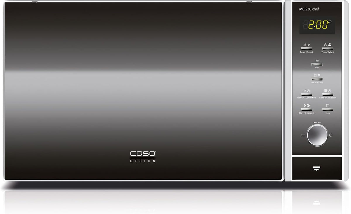 Microondas con grill, 31,5 cm, 900 W, 1250 W, 2200 W, 30 L, acero inoxidable, negro, Caso