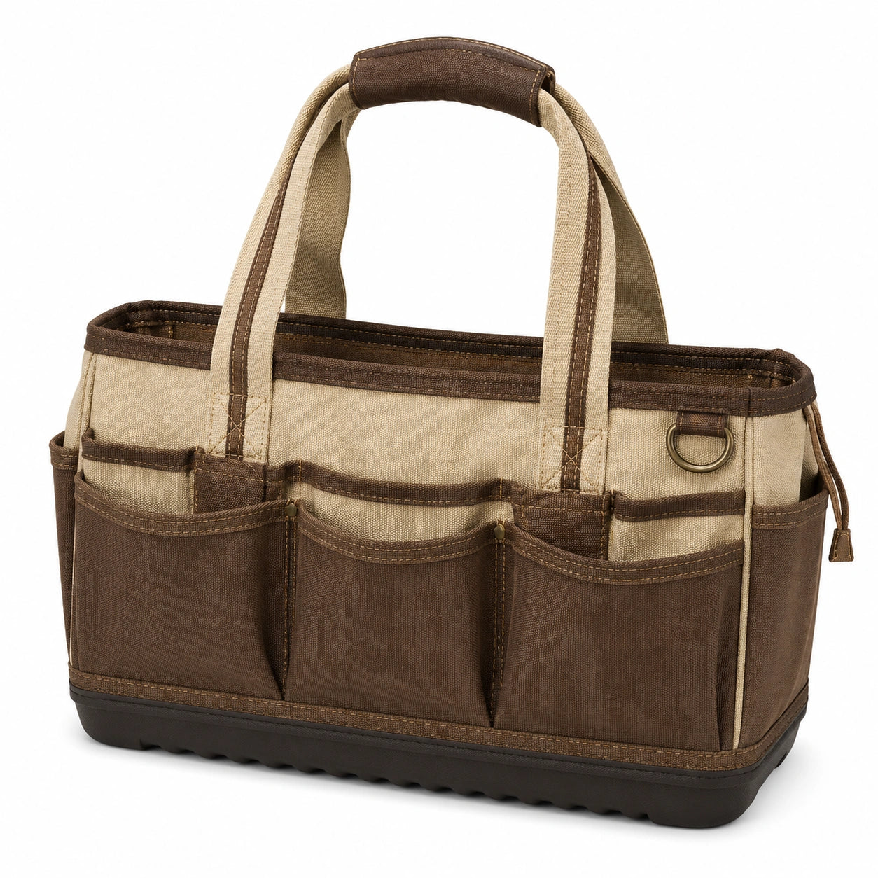 Bolsa de herramientas con múltiples compartimentos en beige y marrón