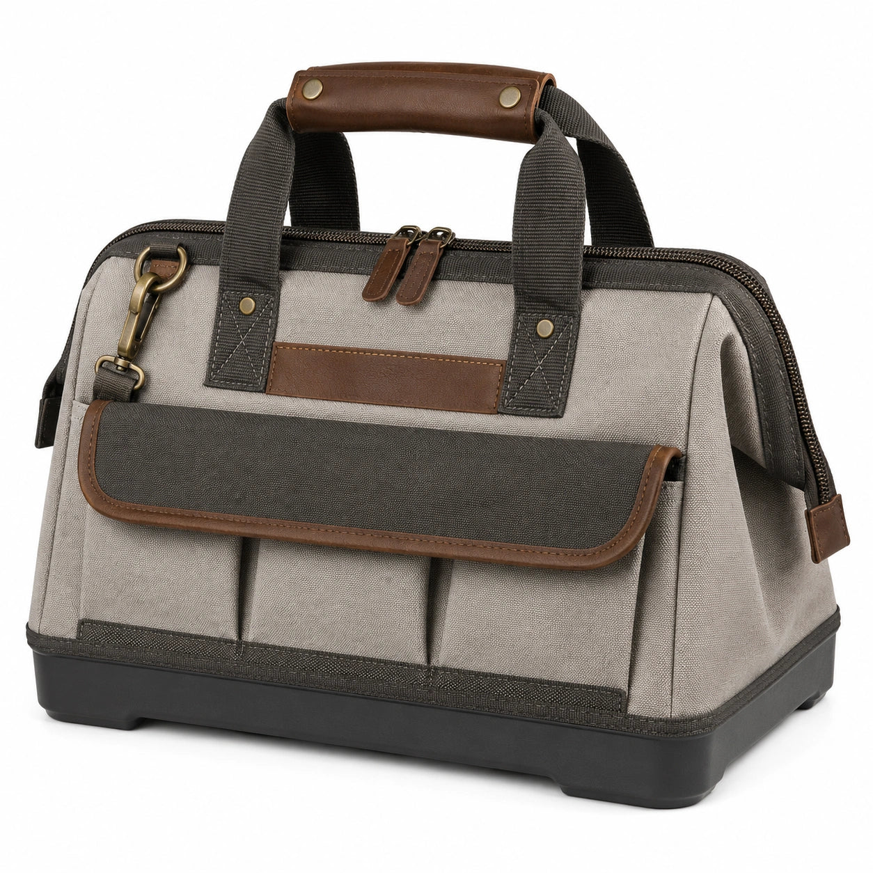 Bolsa de herramientas gris y marrón con base rígida y compartimentos múltiples
