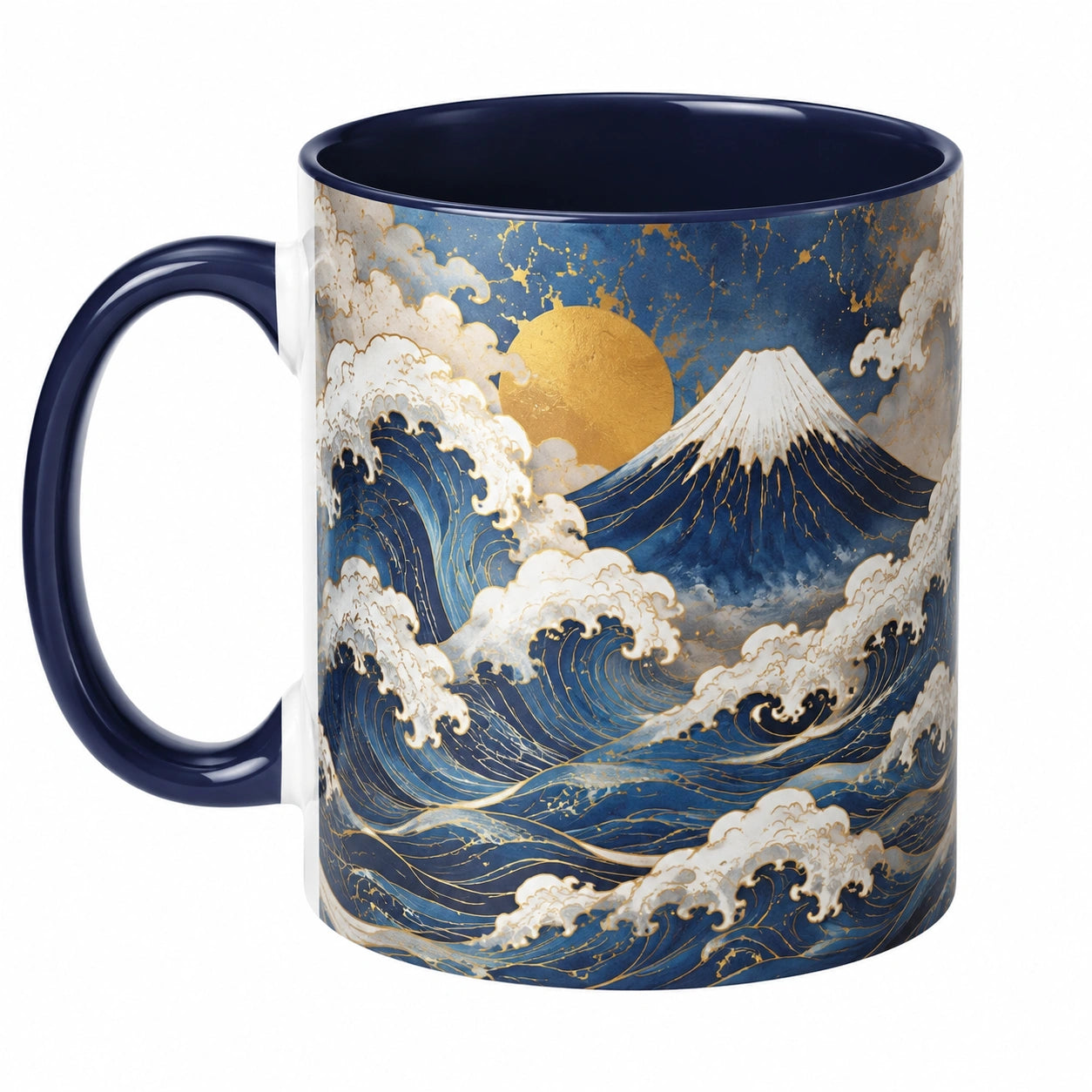 Taza Decorativa con Diseño de Olas y Montaña en Azul y Dorado