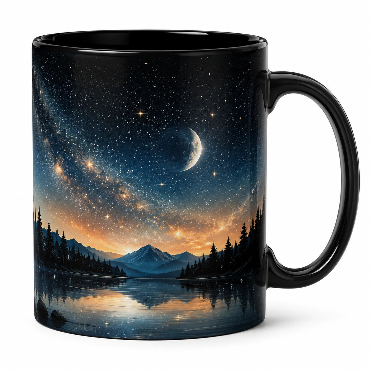 Taza de cerámica con diseño de paisaje estrellado 350ml negro