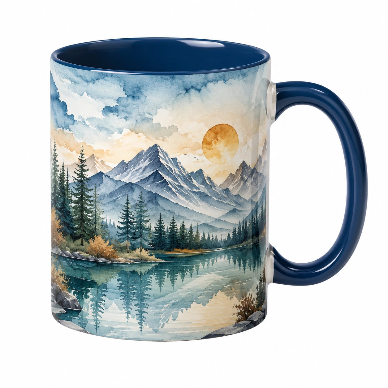 Taza de cerámica pintada con paisaje de montaña 330 ml azul