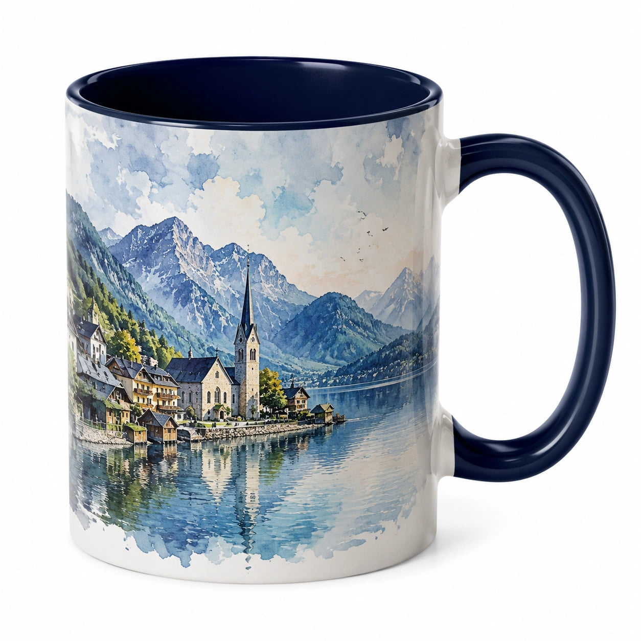 Taza de Cerámica con Paisaje de Montaña Azul y Blanco, 350ml