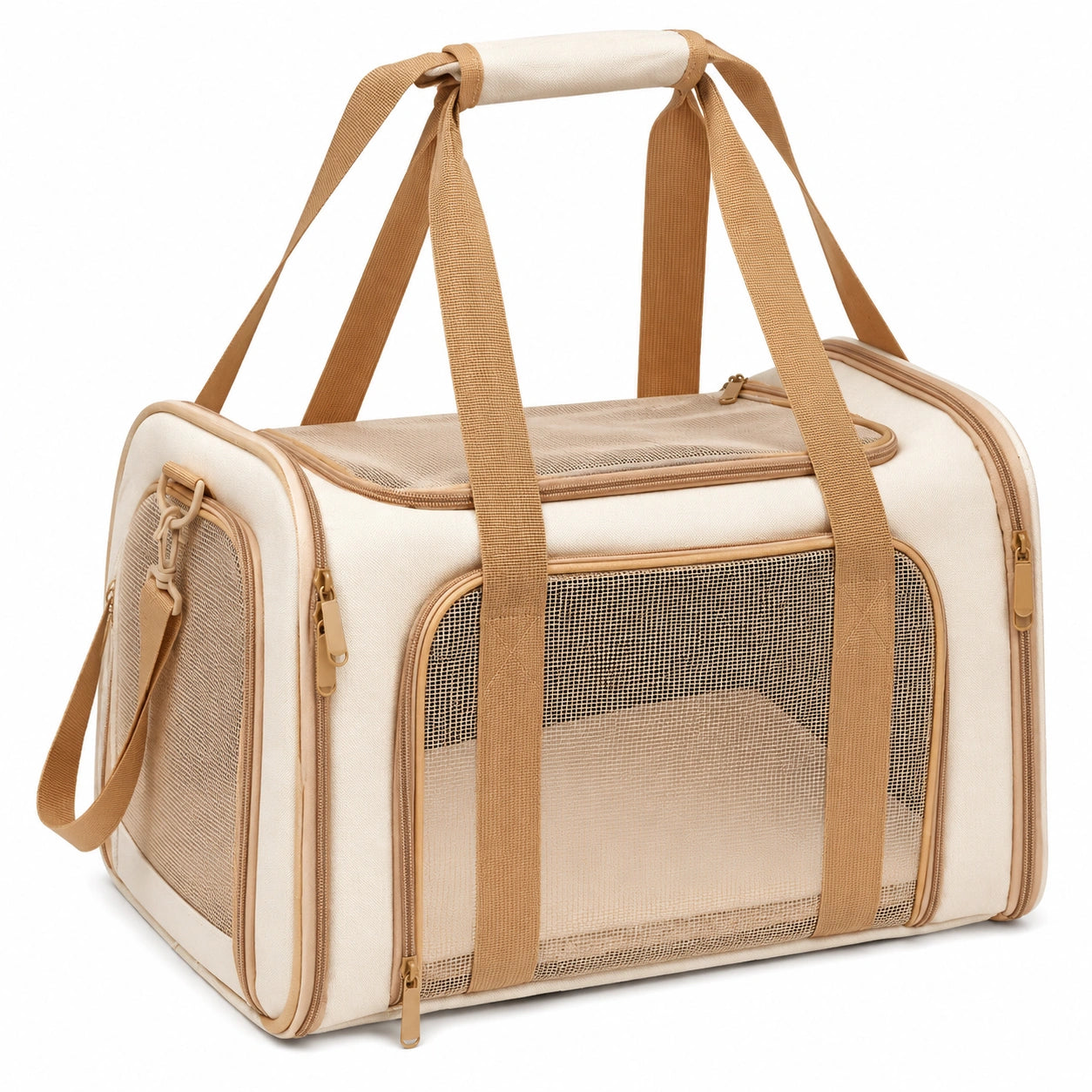 Transportín Plegable para Mascotas Beige con Paneles de Malla