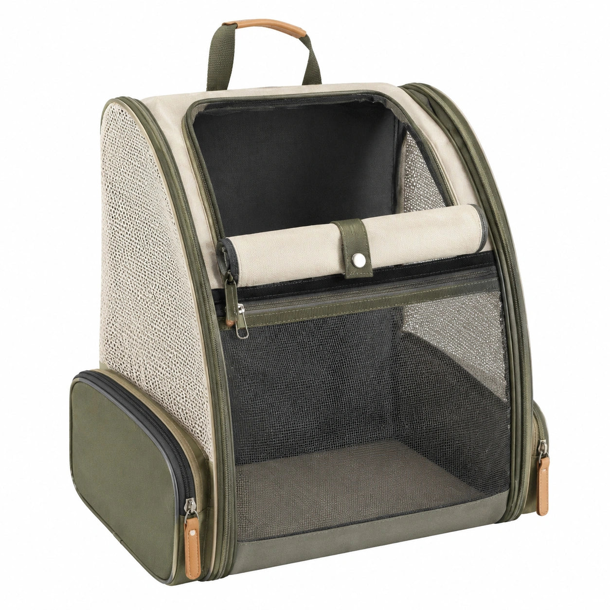 Mochila para Mascotas Transpirable Verde/Beige con Paneles de Malla