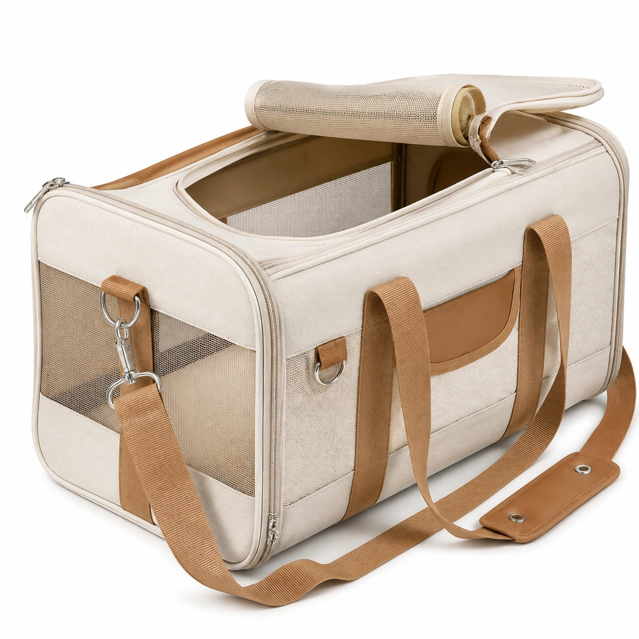 Bolso Transportador de Mascotas Beige con Ventilación y Correa Ajustable
