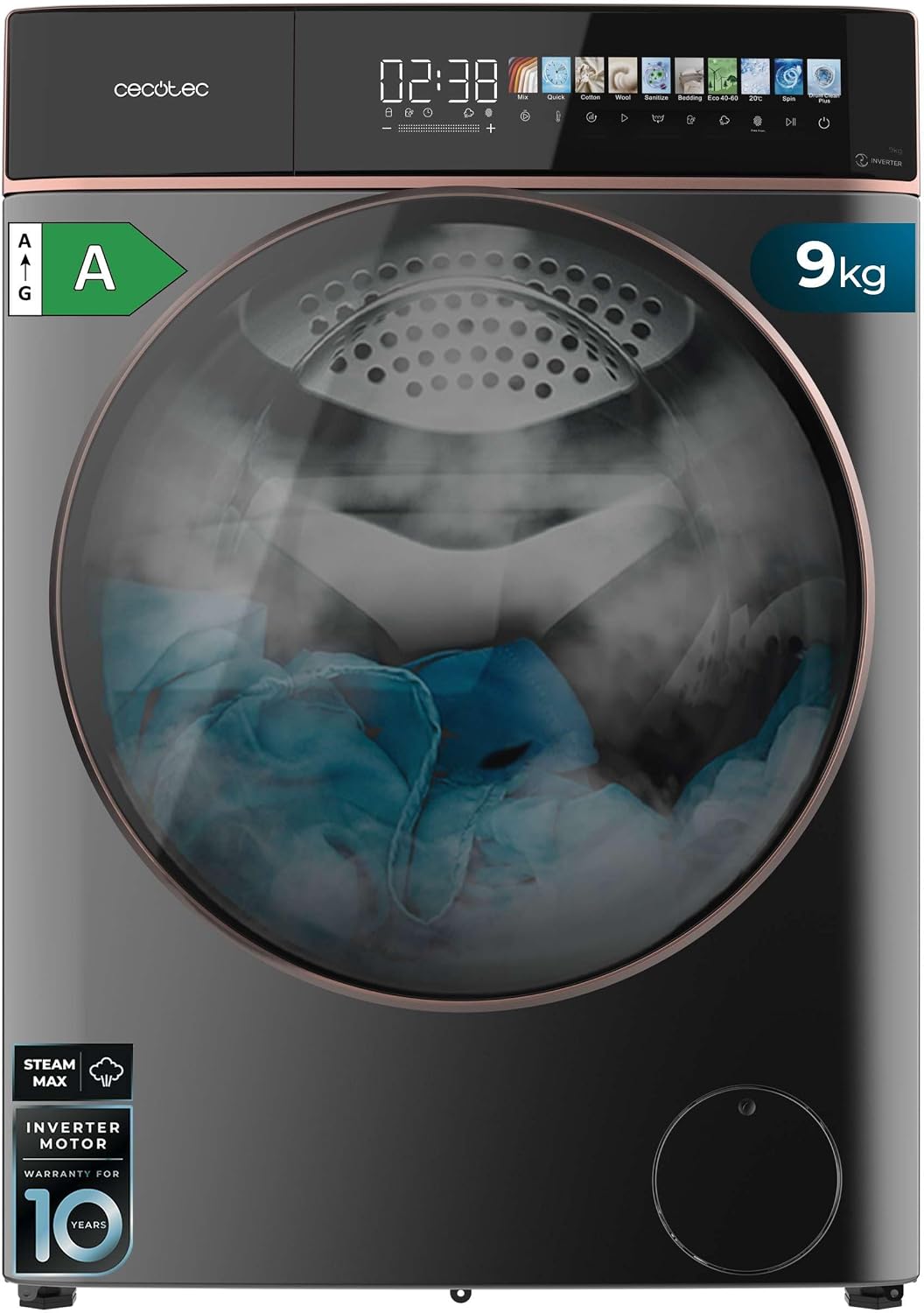 Cecotec lavadora, 52 cm, 9 kg, 10,3 pouces, acero