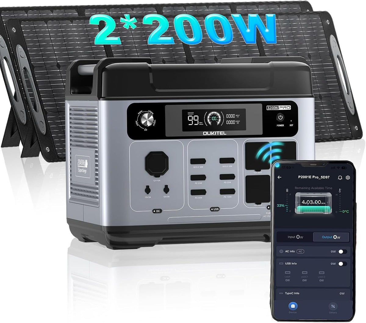 Generador eléctrico P2001, 2048 Wh, 200 W, 3200 W, 1000 W, OUKITEL