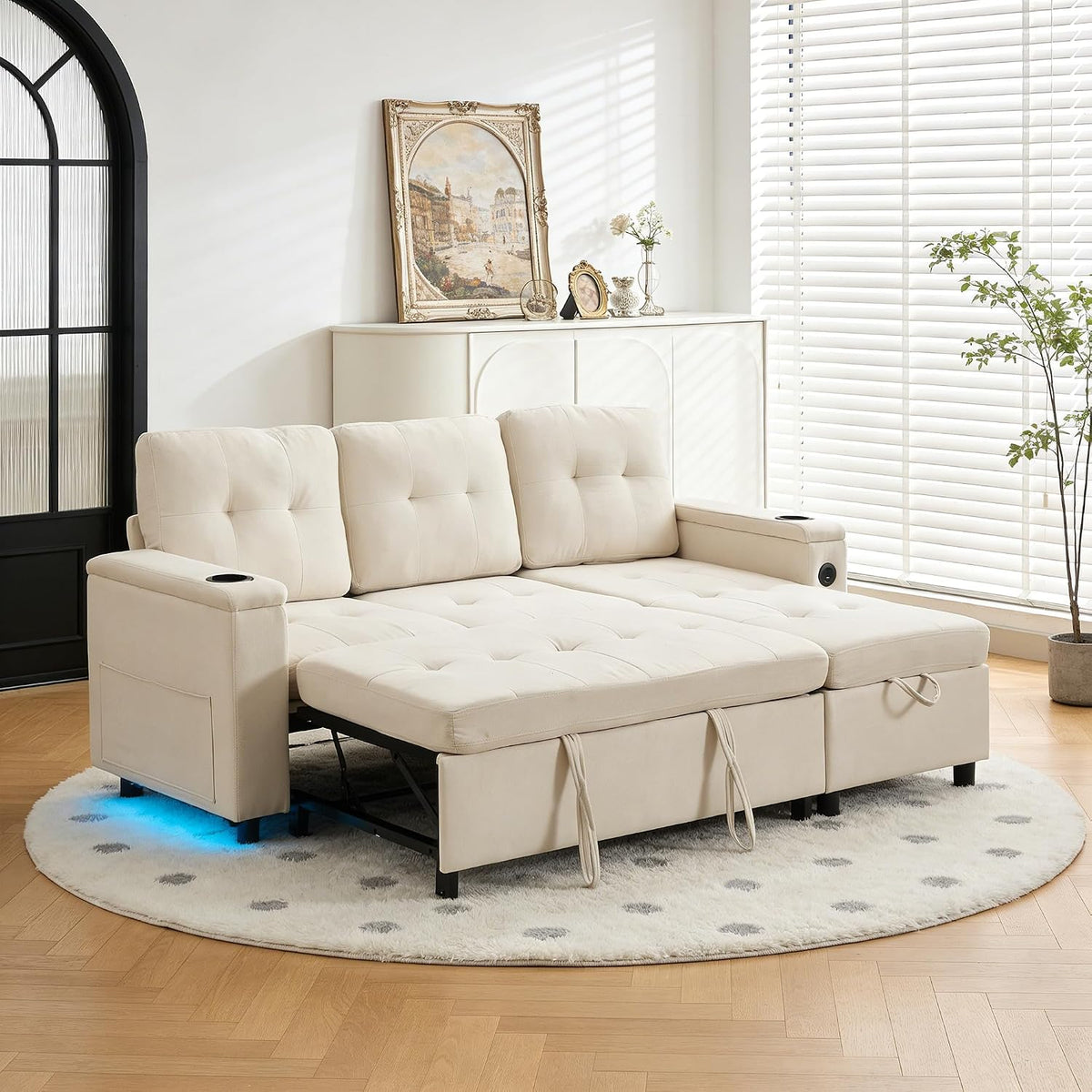 Sofá, 208 cm, con iluminación LED, plegable, beige, Wyibwy