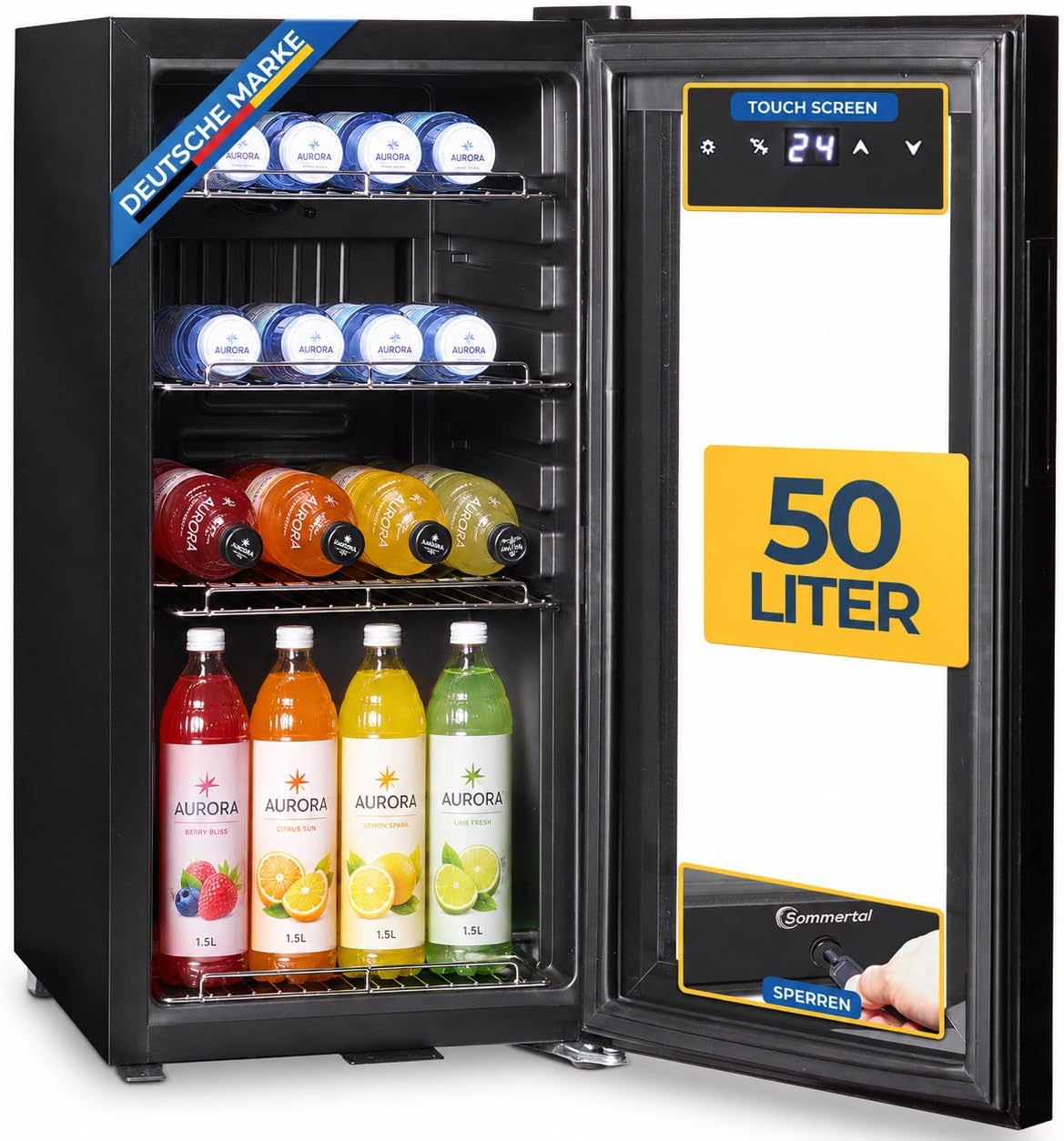 Frigorífico GK50, 50 L, con iluminación LED, vidrio, negro, Sommertal