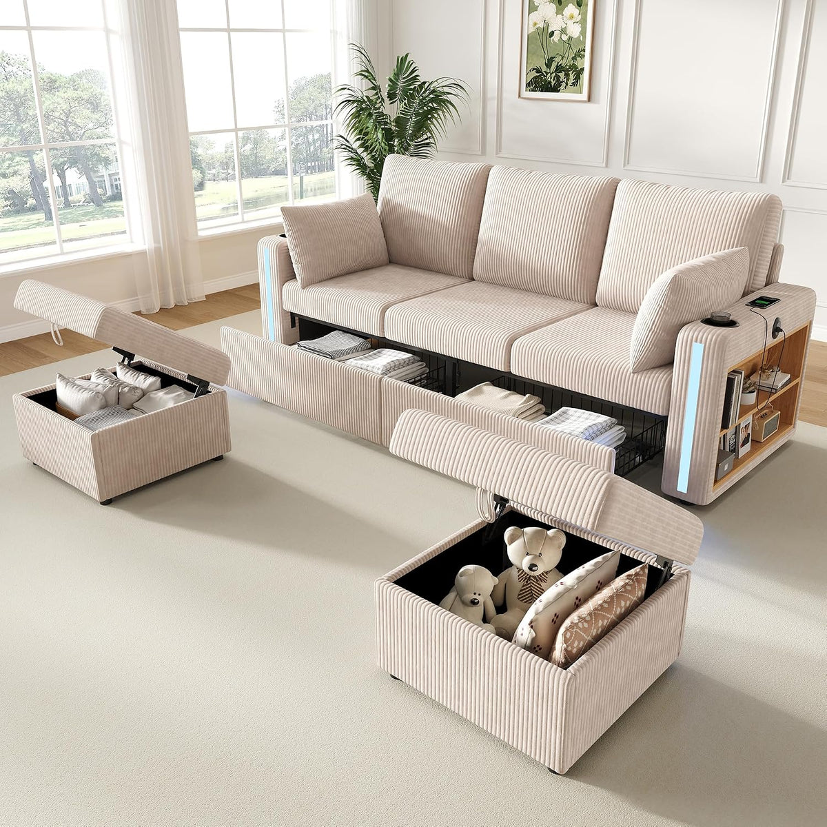 Sofá U-5S, con iluminación LED, beige, Luscriate