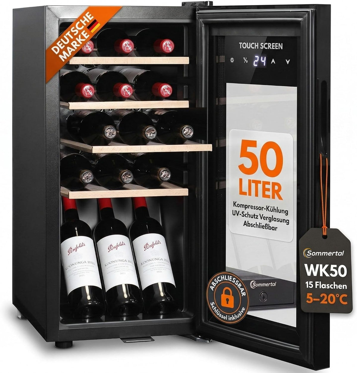 Vinoteca WK50, con iluminación LED, regulable, con estantes, madera, vidrio, Sommertal
