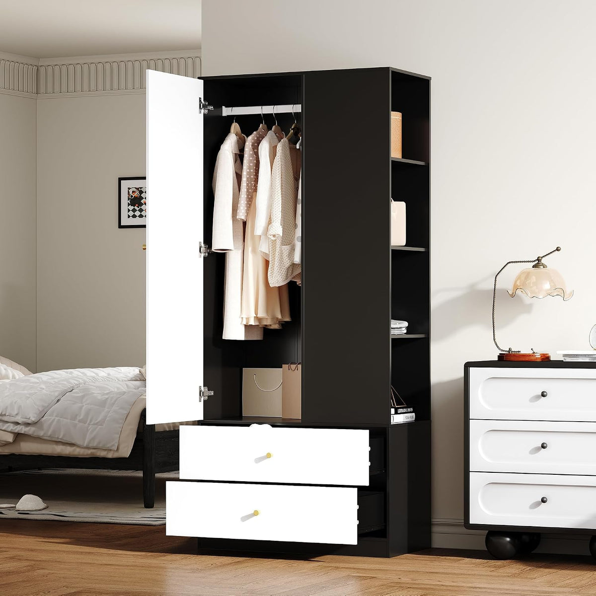 Armario, 180 cm, con cajones, con estantes, negro, para el dormitorio, para el salón, GAWYOEX