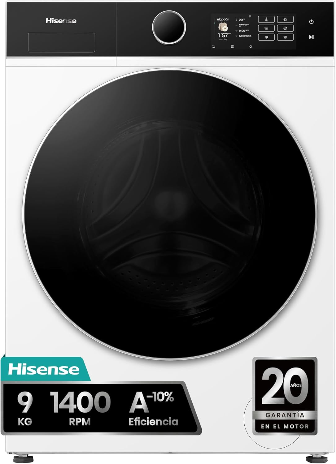 Hisense WF5I9043BWFS lavadora, 47 cm, 9 kg, vidrio, blanco